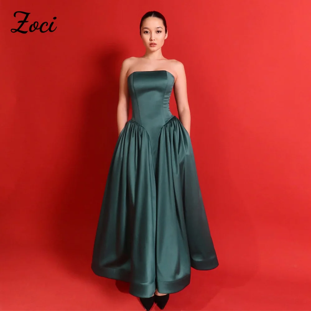 Zoci Princess Evening Dresses Green Strapless Patchwork Satin Long Prom Dresses Customized Formal Event Party Dress