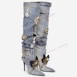 Blue Denim Crystal Decor Knee High Boots Bow Knot Pointed Toe Shoes for Women Thin High Heels Shoes 2023 Zapatos Para Mujere