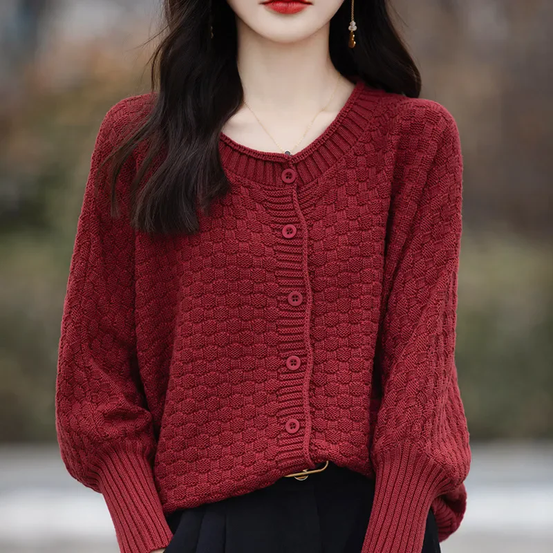 

Casual Lantern Sleeve Knitted Cardigan Women Spring Autumn New Fashion O-Neck Short Knitwear Outerwear Female Loose Tops W1035