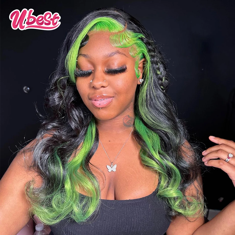 

Ubest 13X6 Transparent Lace Front Wigs Body Wave Human Hair Highlight Green Colored 6X4 Lace Closure Wig Pre Plucked For Women