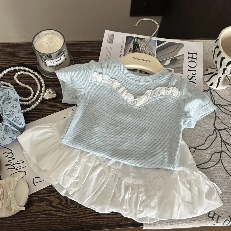 

Girls Set 2025 Summer New Childrens Wear Korean Style Baby Girl Fashion Lace Short-sleeved Pod Skirt Two-piece Set Casual Simple