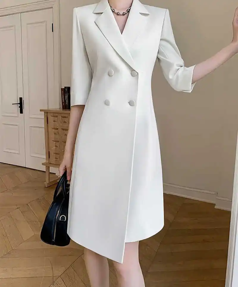 Elegant Off White Female Suit Dress Notch Collar Half Sleeve Waist Belt Costume For Interview Dating Banquet Customized