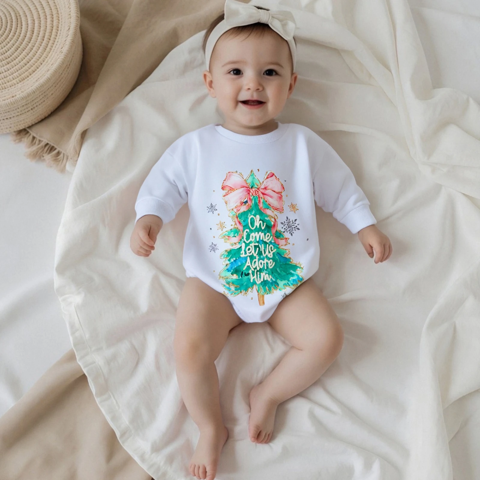 

Рождественское боди для маленьких девочек, комбинезон с длинными рукавами и бантом в виде рождественской елки, зимний свитшот для новорожденных, комбинезон