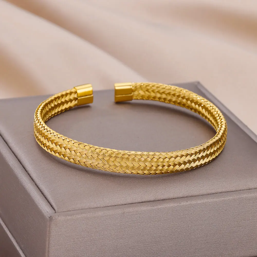 Fashion Round Rope Weave Bangle for Women Men Open Gold Color Stainless Steel Cuff Bracelet Femme  Punk Jewlery Accessories