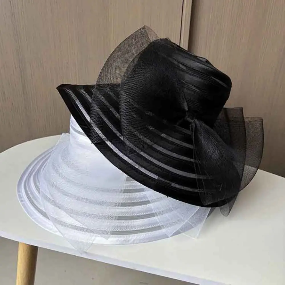 

Fashionable Ruffles Design Organza Mesh Hat Wide Brim Breathable Tea Party Cap Large Bow Mesh Bucket Hat Dance Dinner