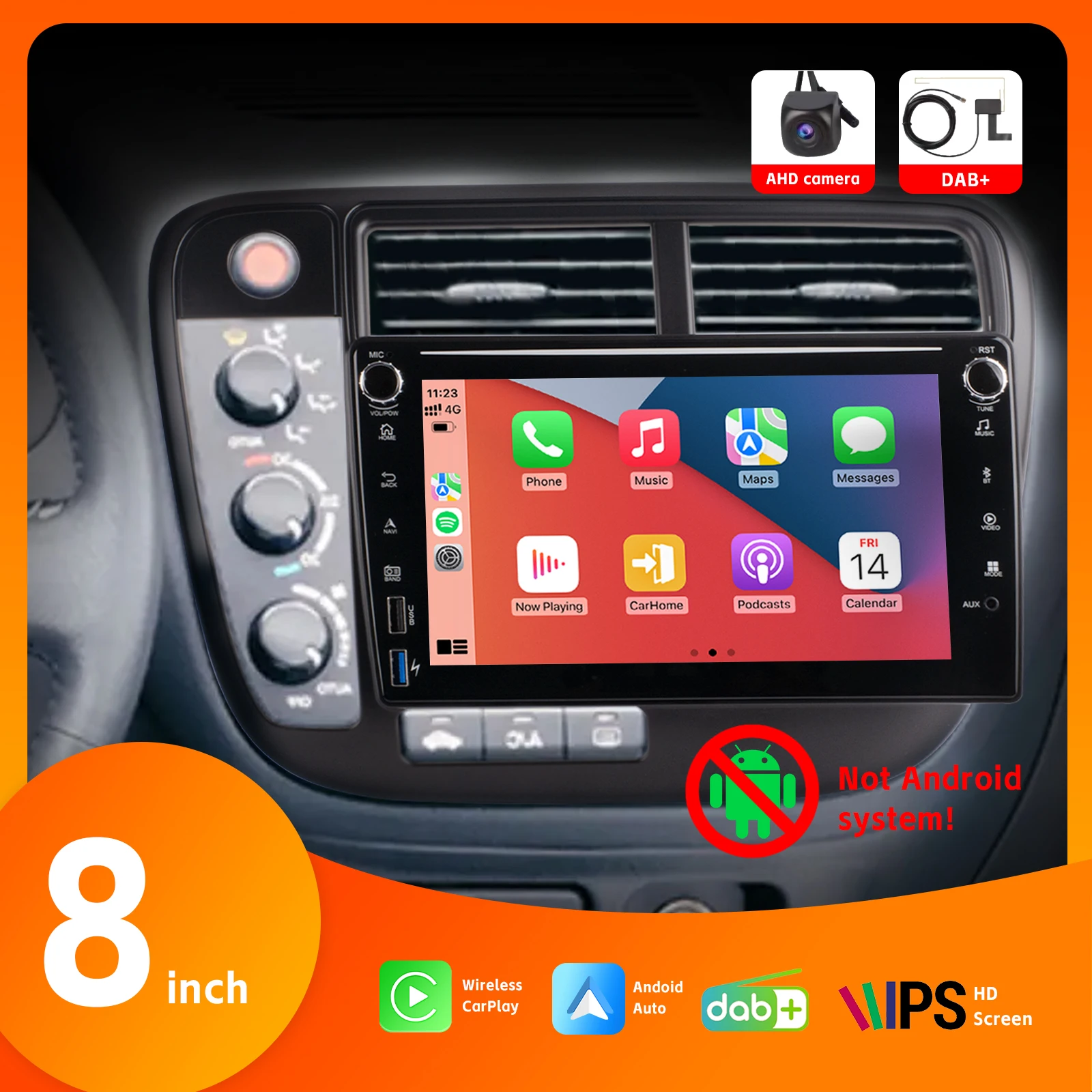 

8" Car Radio with Wireless Carplay Android Auto BT DAB+ DSP HD IPS Touch Screen AHD Rear View Camera for Honda Civic 1996-2001