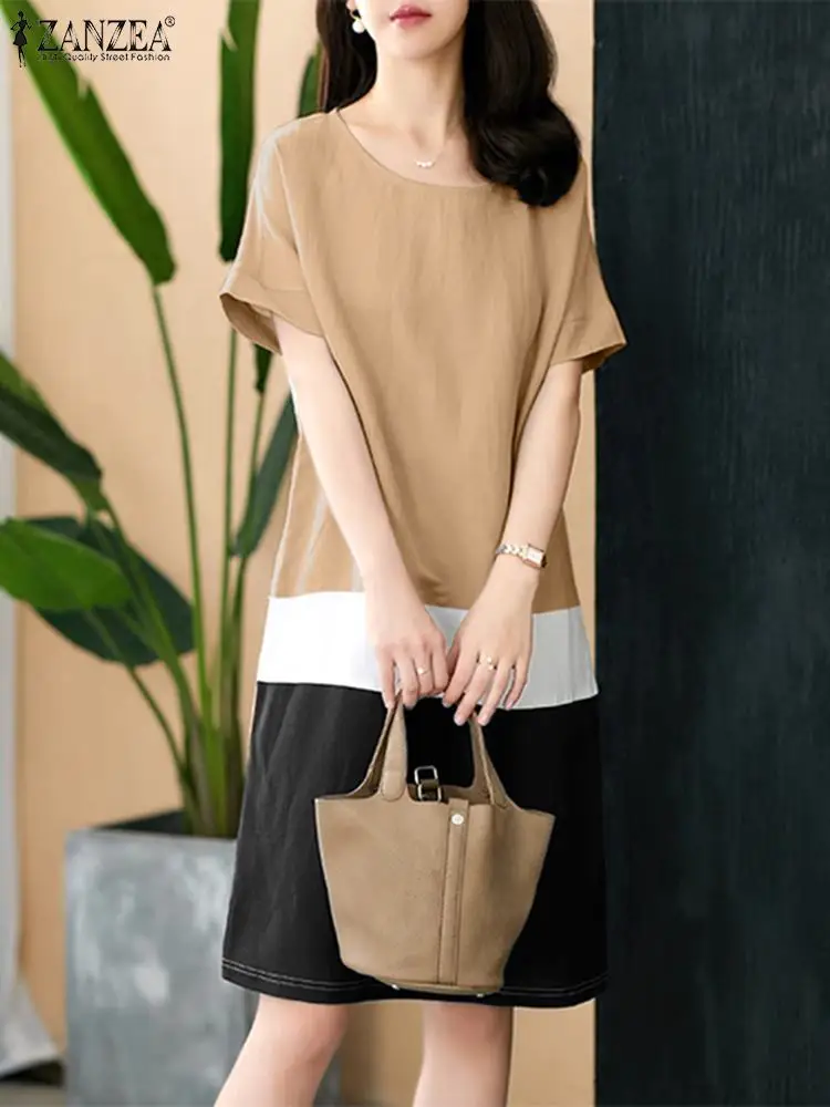 

ZANZEA Short Sleeve Women Robes Casual Color Block Commute Korean Fashion Knee-length Vestidos O Neck Elegant T-shirt Dresses