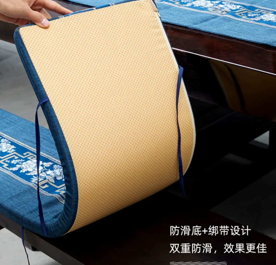 New Chinese Style Long Bench Cushion, Blue Jacquard Anti-slip Seat Cushion, High Density Foam Cushion for Dining Bench/Tea Bench