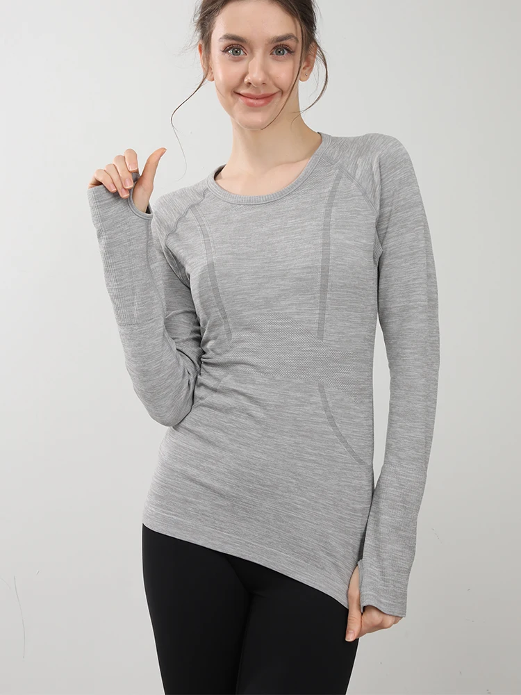 Nahtloses Yoga-T-Shirt für Damen, Sport-Top mit Rundhalsausschnitt, schmal geschnitten, langärmelig, für Laufen, Fitness, Workout, Gym – Detail 1