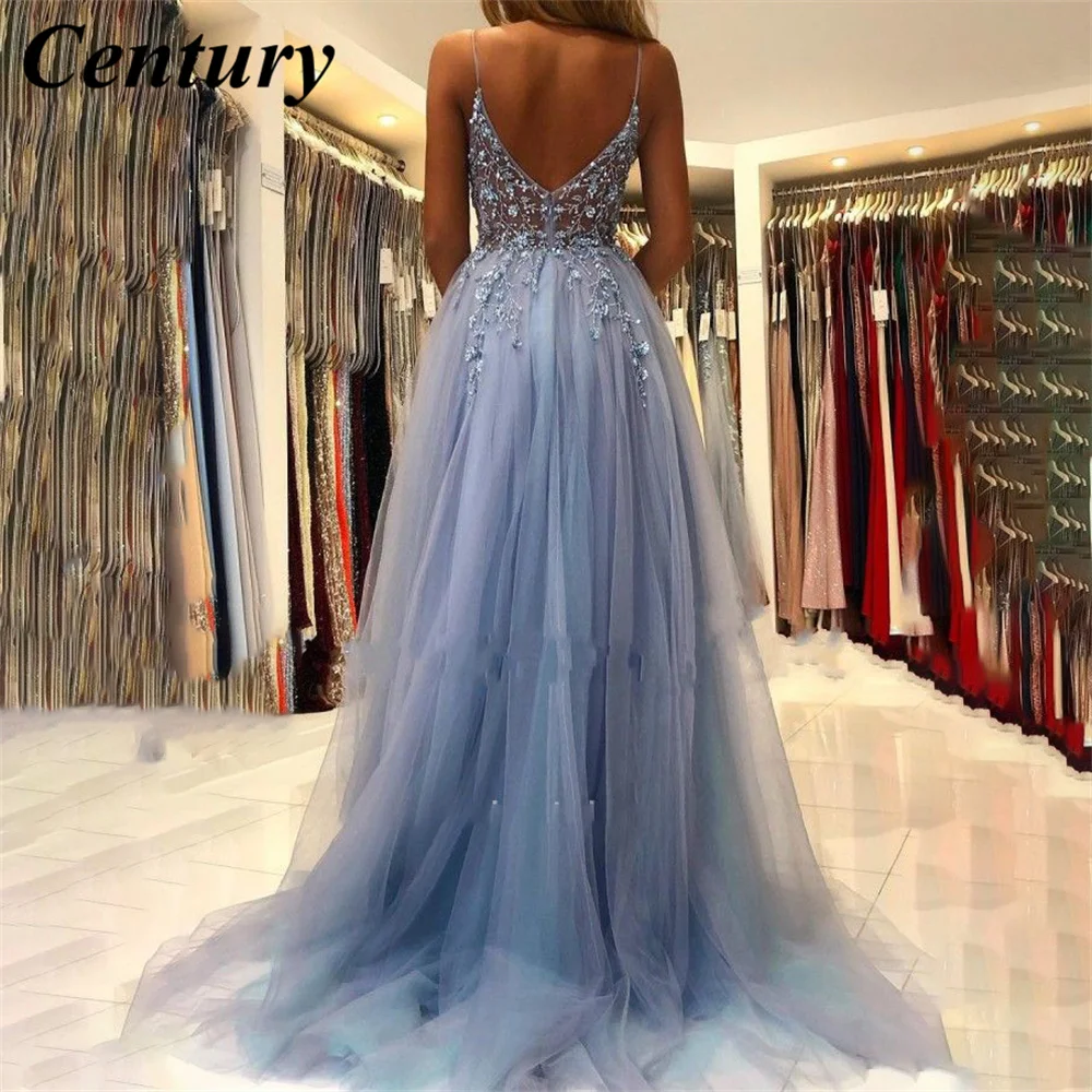 Customized Spaghetti Strap V Neck Prom Dress Com Beading Applique Celebrity Dress Vestido de noite das mulheres High Split Gown