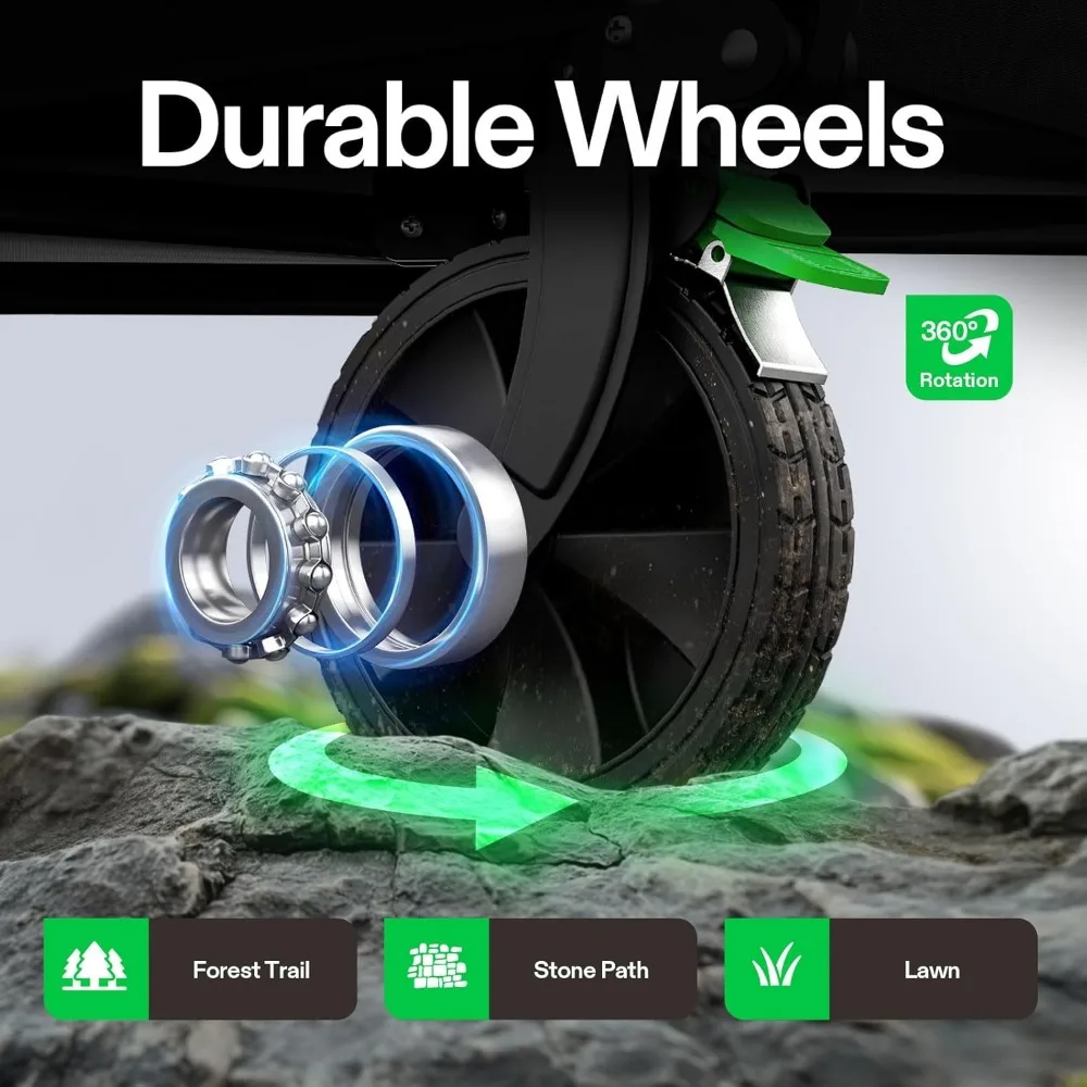 Carrinho de vagão dobrável com rodas silenciosas, porta-copos e bolsos, alça ajustável para uso ao ar livre