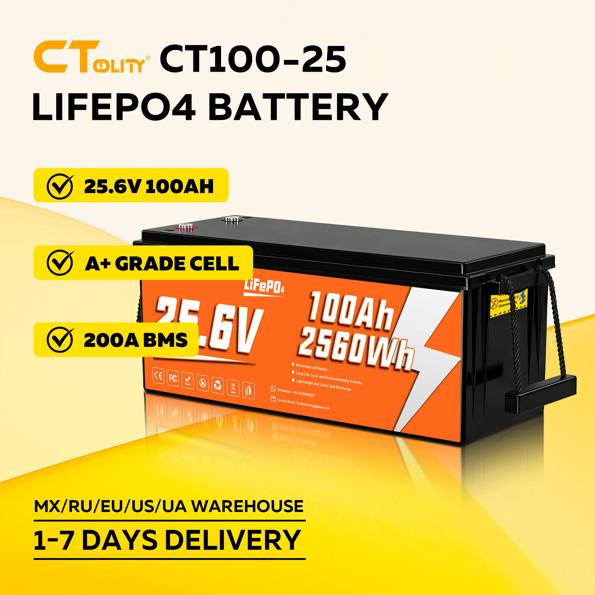 CTOLITY CT100-25 25.6V 100Ah 2560Wh LiFePO4 بطارية مدمجة 100A BMS A الصف خلايا ماكس 2560W 4000 + دورة مولد الطاقة الشمسية RV