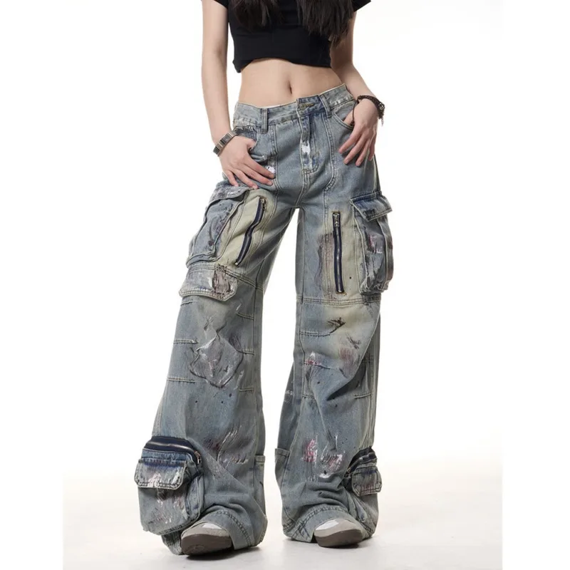 ANJY Herfst Winter Nieuwe Vrouwen Amerikaanse Mode Graffiti Multi-Pocket Wijde Pijpen Jeans Straat Gewassen Casual Cargo Denim broek A15075
