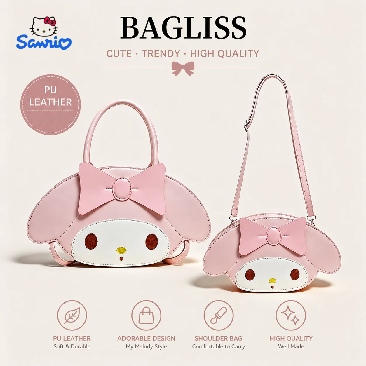 Sanrio My Melody Premium PU-Leder Rosa Tasche Handtasche Umhängetasche für Frauen Mädchen Studentinnen Modisch Niedlich Geräumig Geschenk Täglicher Arbeitsweg