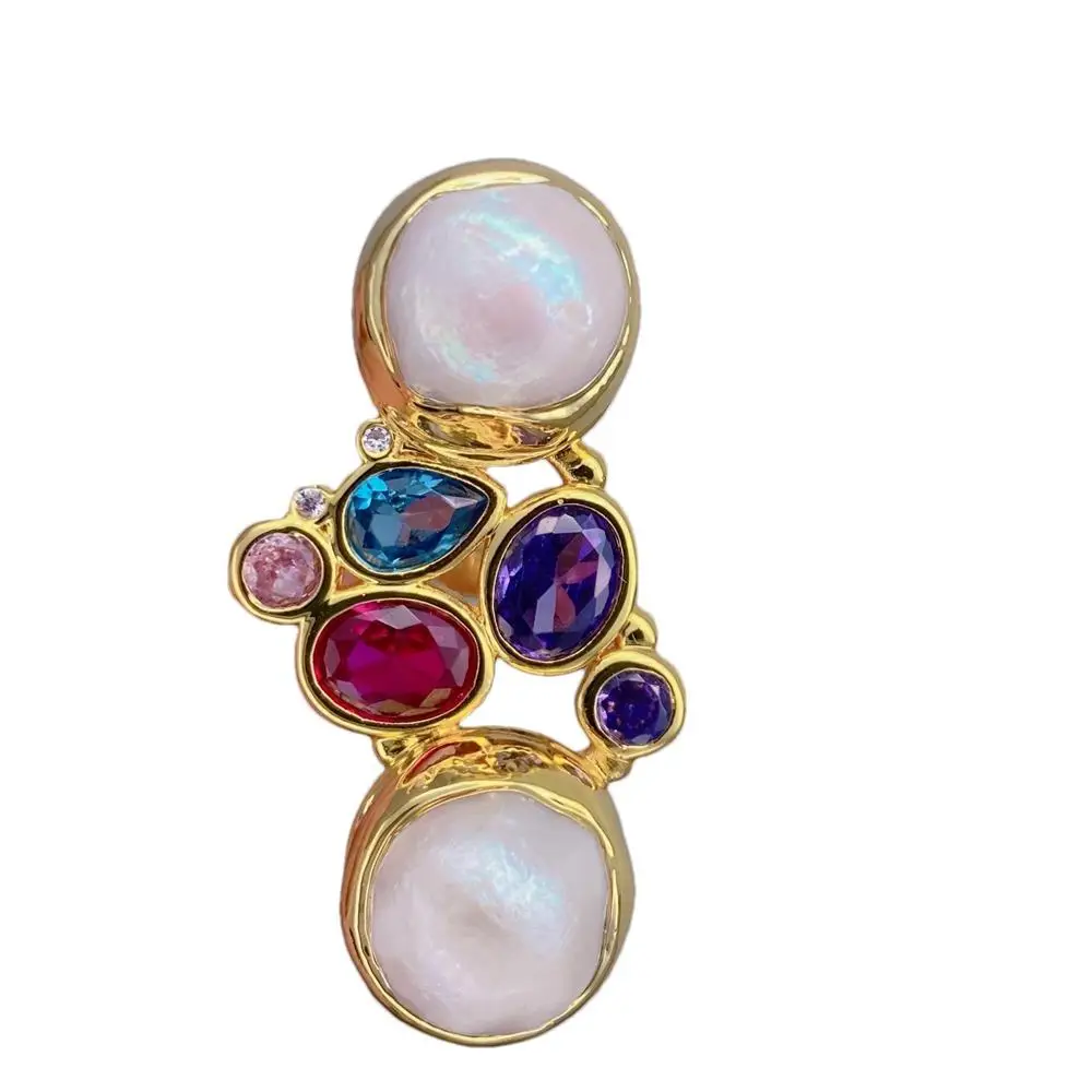 

Y·YING Cultured White Pearl Multi Color Crystal Finger Rings Adjustable Designer Gold Plated Wedding Jewelry