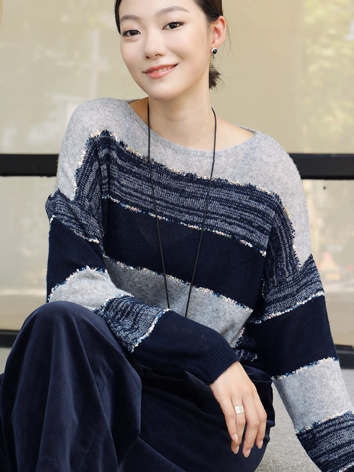 

Zhou Zhou Women's Striped Knitwear Long Sve Loose Fit Wool Silk Blend Spring New Arrival Casual Comfortable round Ne Top