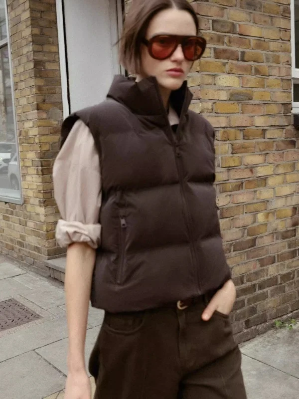 Sweet Faionable Stand Collar Pred Gasket Svel Cotton Vest Tank Top Outerwear Polyester Fiber ort Length Zipper C...