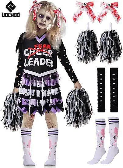 Girl Zombies Cheerleaders Dress Halloween Cosplay Costume Horrible Bloody Gown Gothic Child Two Piece Day of The Dead Party Wear view 2