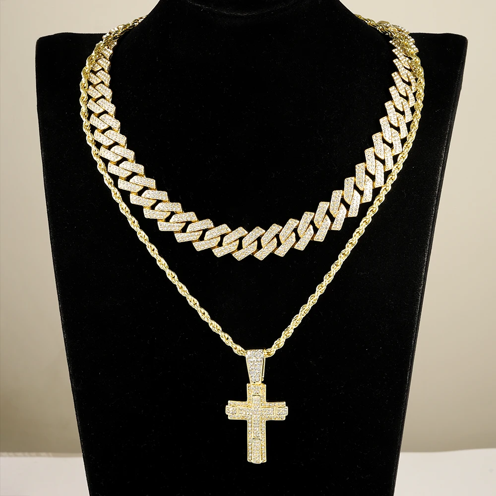 Men Women Shiny Cross Pendant Necklace With Miami Cuban Chain Link Hip Hop Iced Out Bling Fashion Exquisite Charm Jewelry Gift