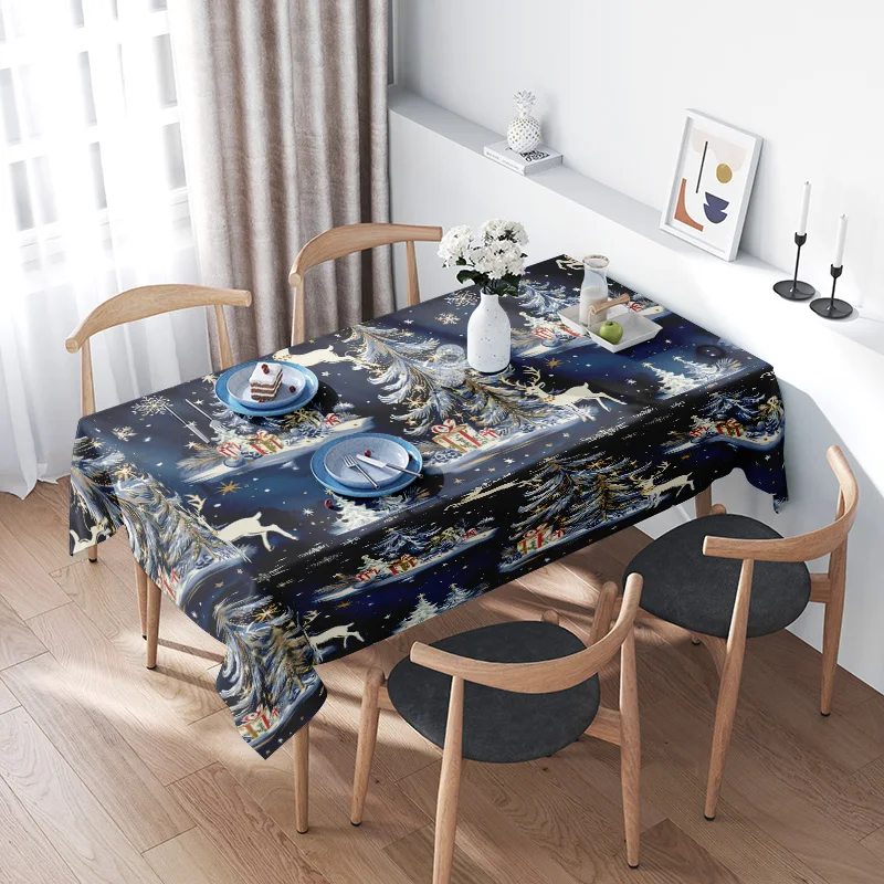 

Festive Christmas Tablecloth Winter Landscape Decorations Print Reindeer Snowflake Tree Non-Slip Waterproof Square Fabric Cover