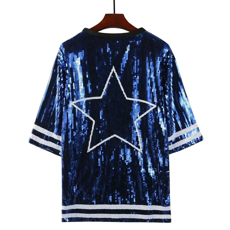 Summer New Sequins Streetwear Striped Short Sleeve T-Shirt Geometry Letter Round Neck Hip Hop Straight Night Club Women's Top