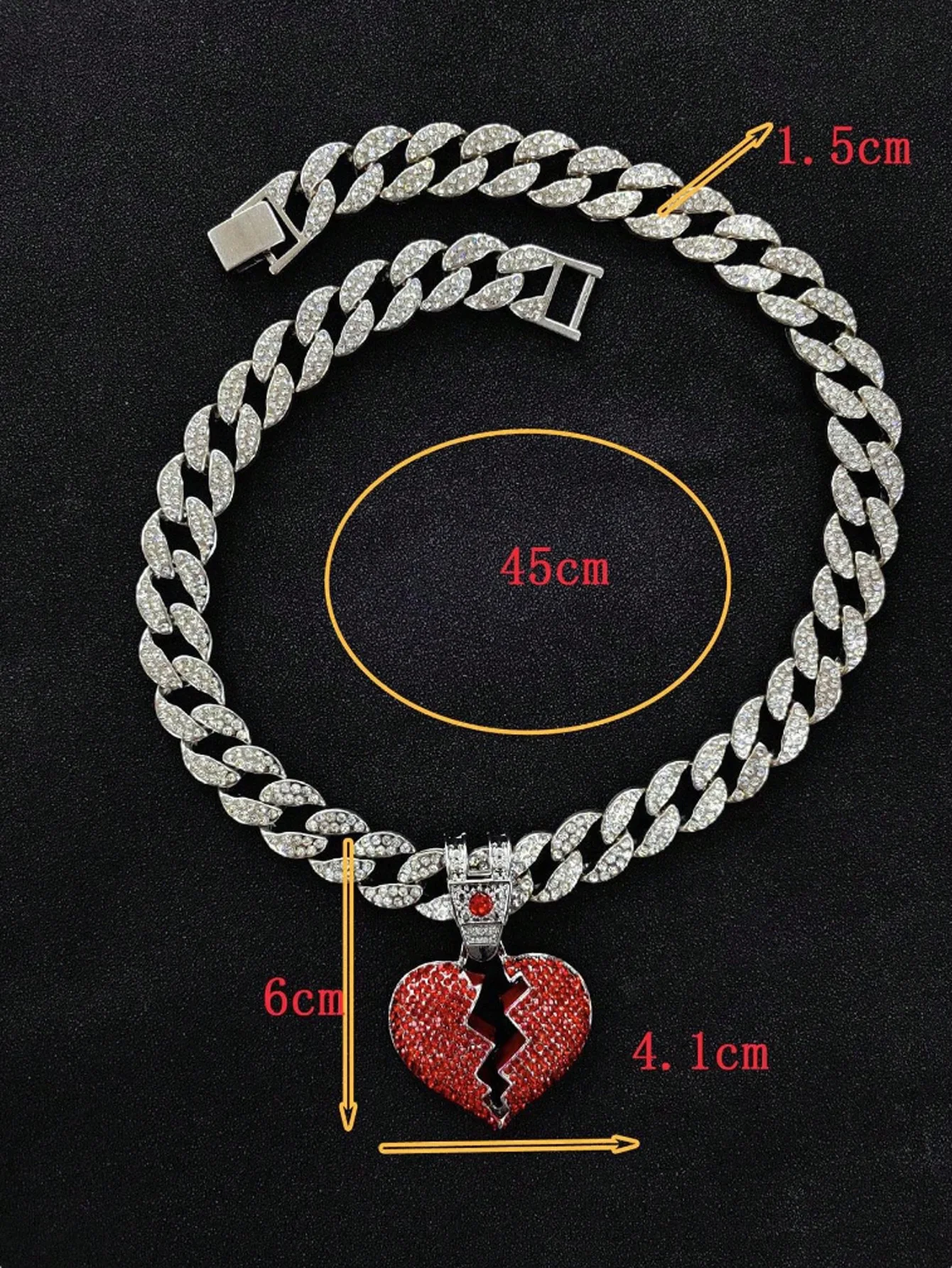 Iced out 15mm miami cuban chain jewelry alloy and rhinestone hip hop red heart pendant necklace