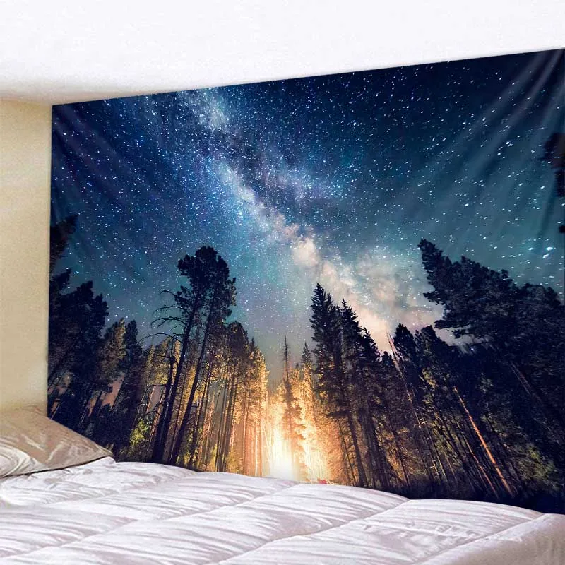 Forest starry tapestry bonfire night sky galaxy landscape wall hanging bedroom dormitory living room background wall decoration