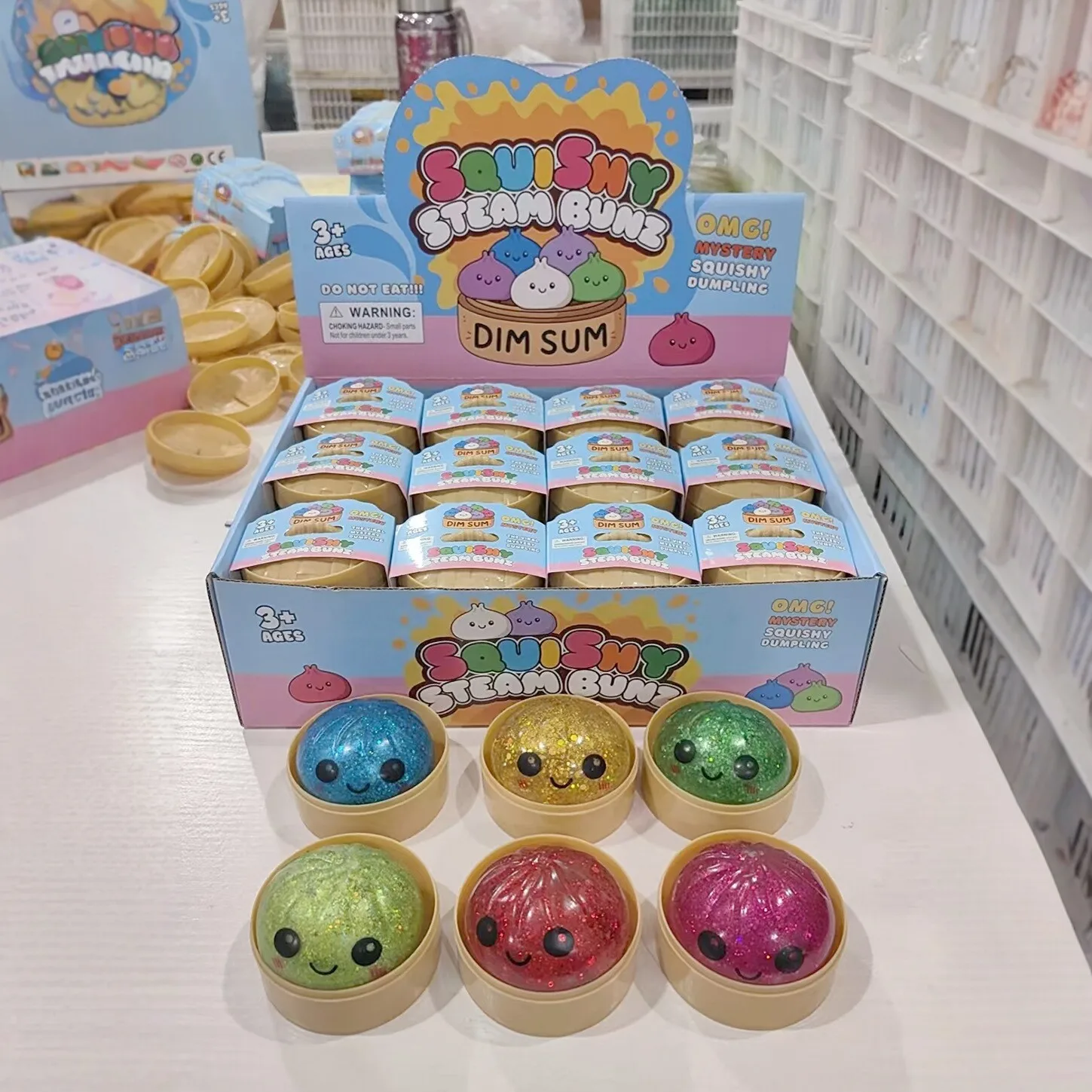 Glitzer-Dumpling-Squishy mit Box – Sensorischer Dampfgarer aus weichem TPR-Teig für Dekompression, Fidget-Spielzeug, Stressabbau-Geschenk