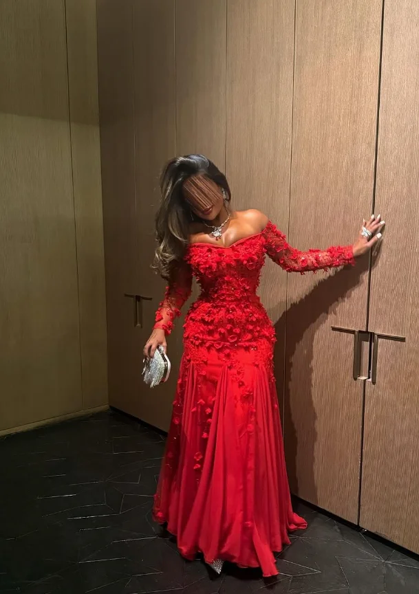 Robe de soirée de forme sirène, rouge, arabe, manches longues, épaules dénudées, motif Floral 3D froncé, robe de Gala de bal, personnalisée
