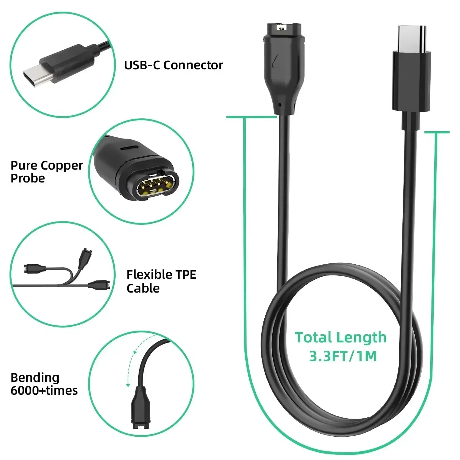 Durable Type C Charging Data Transfer Cord Compatible for Garmin Fenix Series 8 7 6S Pro 5X Smartwatch Outdoor Fitness Stable Po