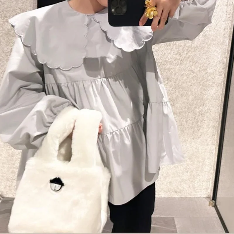 Kuzuwata Summer New Stylish Peter Pan Collar Shirt Sweet Pleated Long Puff Sleeves Blouse Solid Color Loose Women Fashion Top