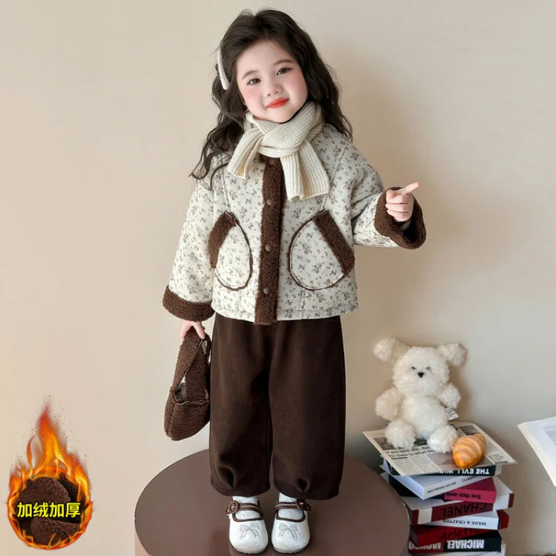 

Зимний костюм из 2 предметов для девочек, утепленная теплая куртка, топ с принтом и карманами, свободные брюки, детская мягкая повседневная модная детская верхняя одежда, наряд