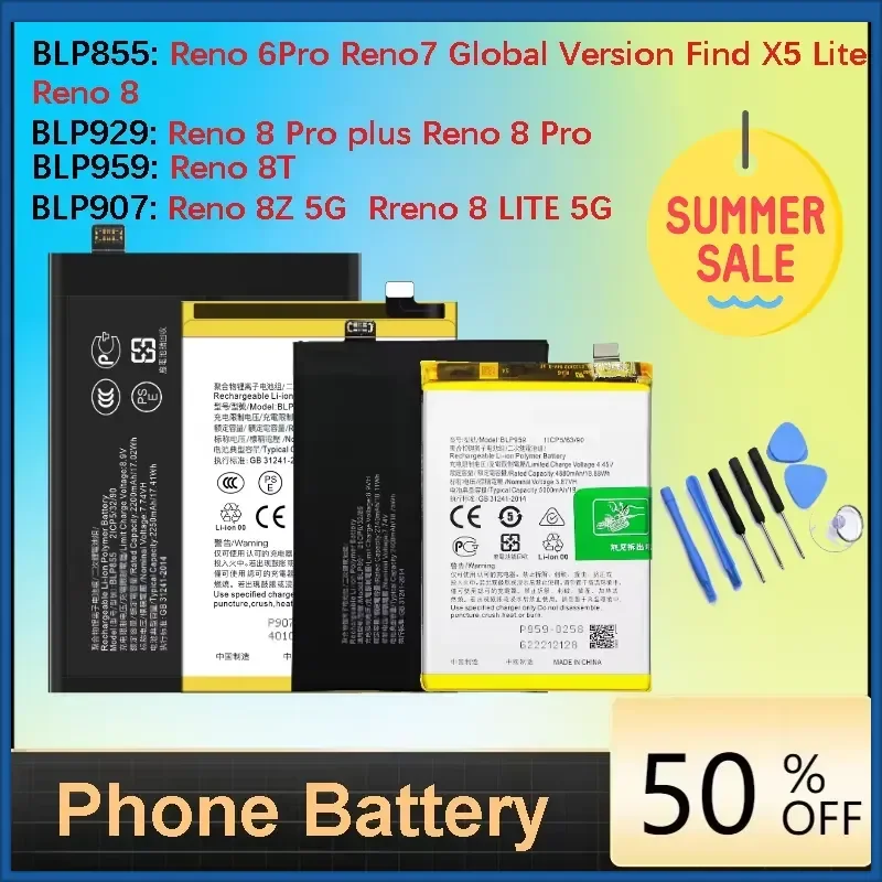 

Replacement Battery BLP855 BLP907 BLP929 BLP959 BLP981 for OPPO Reno 6Pro 8 5G 8Pro 8T 8Z 8 Lite