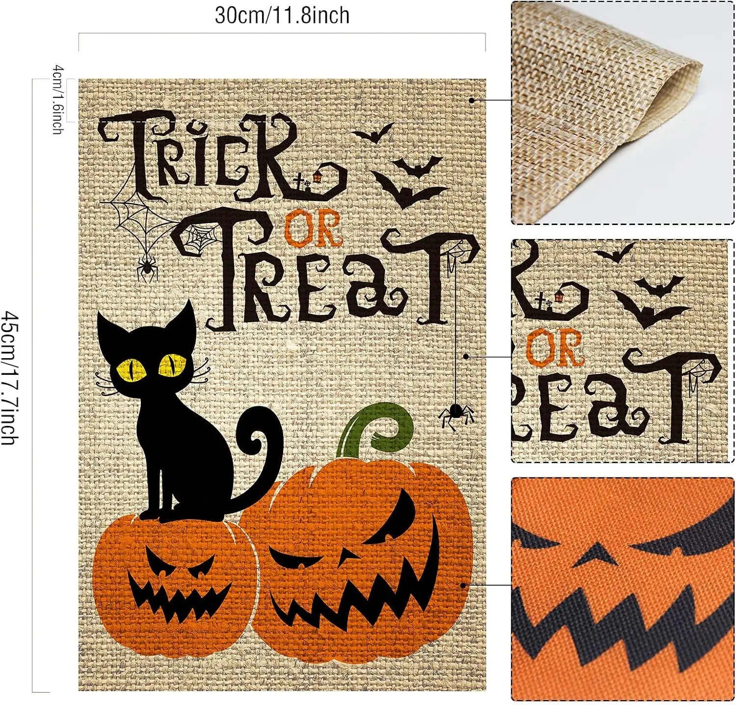 Halloween Trick or Treat Garden Flag Halloween Pumpkin Black Cat Flag Outdoor Trick or Treat Decoration Flag Double 12x18 for fr