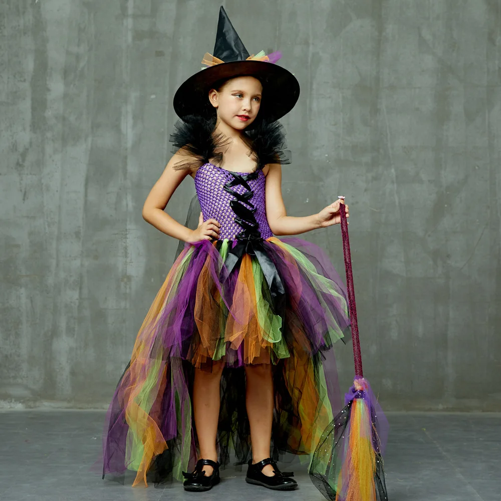 2023 Halloween Girls Witch Tutu Cosplay Dress Rainbow Trailing Tulle Kids Carnival Party Dress Children Gown Dress Witch Costume