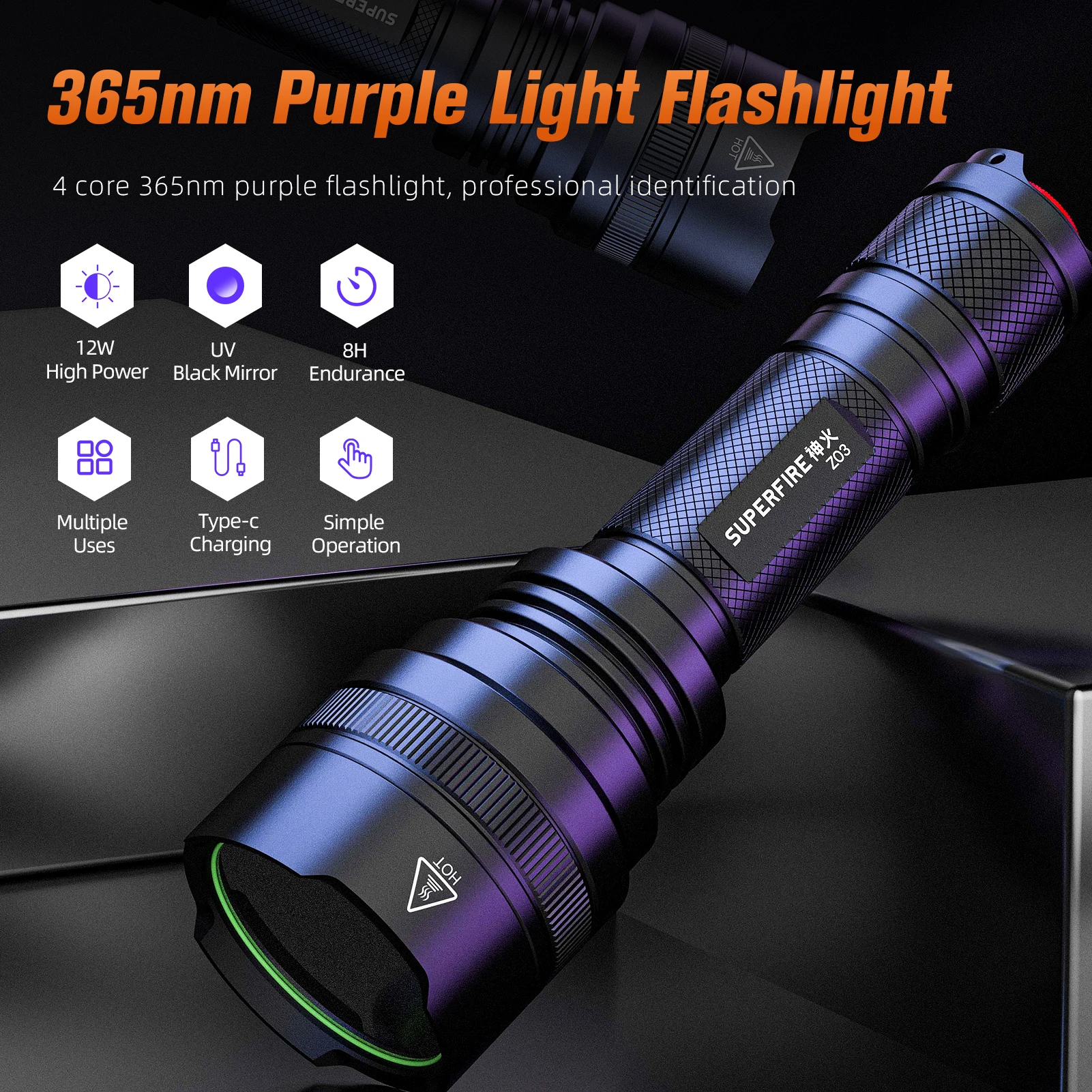 SUPERFIRE Z03 12W High Power UV Flashlight 365nm LED Ultraviolet Torch 4000mAh Battery Ultra Violet Lights for Pet Urine Stain