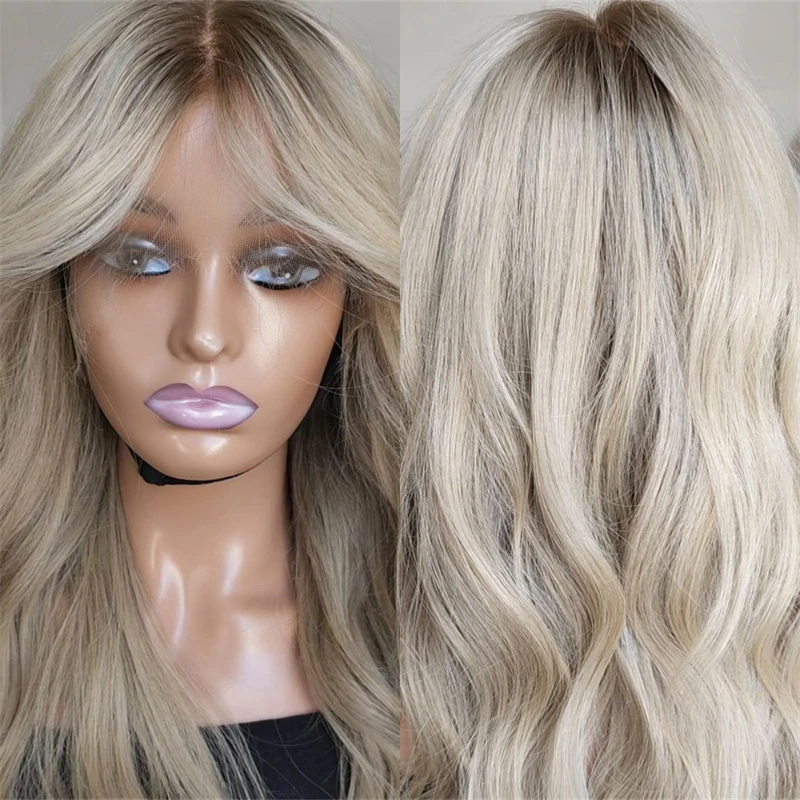 

Luxury Balayage Highlight Ash Blonde Wig Dark Roots 10% Human Hair Swiss 13x4 Lace Front Glueless Wig Synthetic Fibre for Women