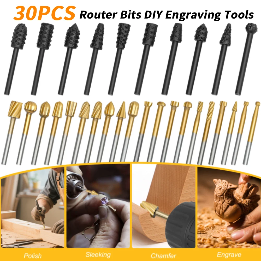 

30 Pcs HSS Router Carbide Engraving Bits Rotary Wood Carving Cutter Set for DIY Woodworking Carving Sculpting Engraving Drill