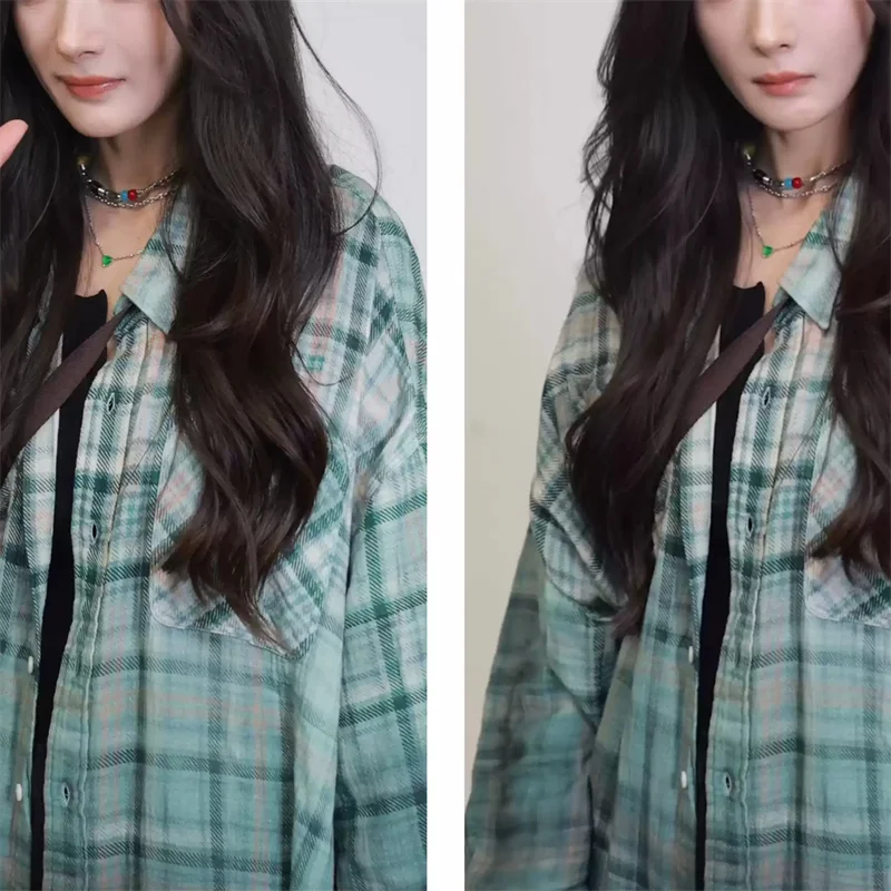 Gradient Plaid Shirt Women's Single Breasted Distress Turn-Down Collar Blouse Long Sleeve Casual Button-Up Top