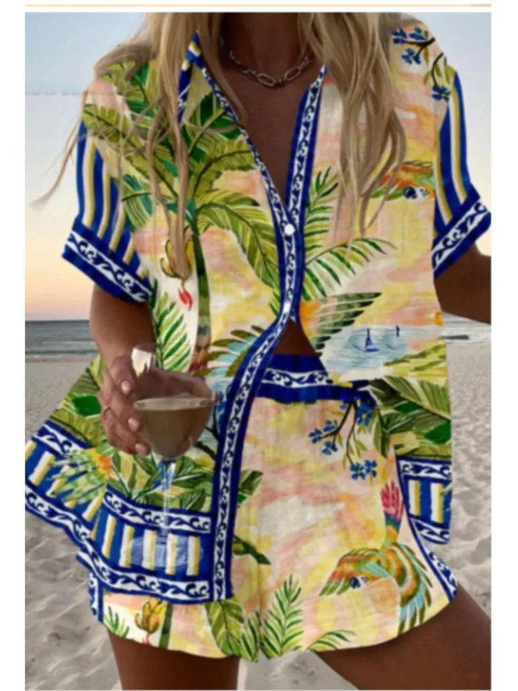 Fashion Casual Printed Two Piece Set Women Summer Comfort Holiday Color Colorful Button Short Sleeves Shirts And Shorts 2 Sets