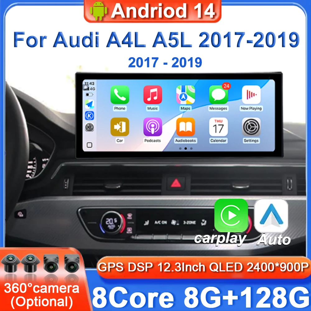 

Беспроводной Carplay QLED сенсорный экран 4G WIFI DSP стерео GPS Android14 для Audi A4L A5L 2017-2019 автомобильный радиоприемник видео мультимедийный плеер
