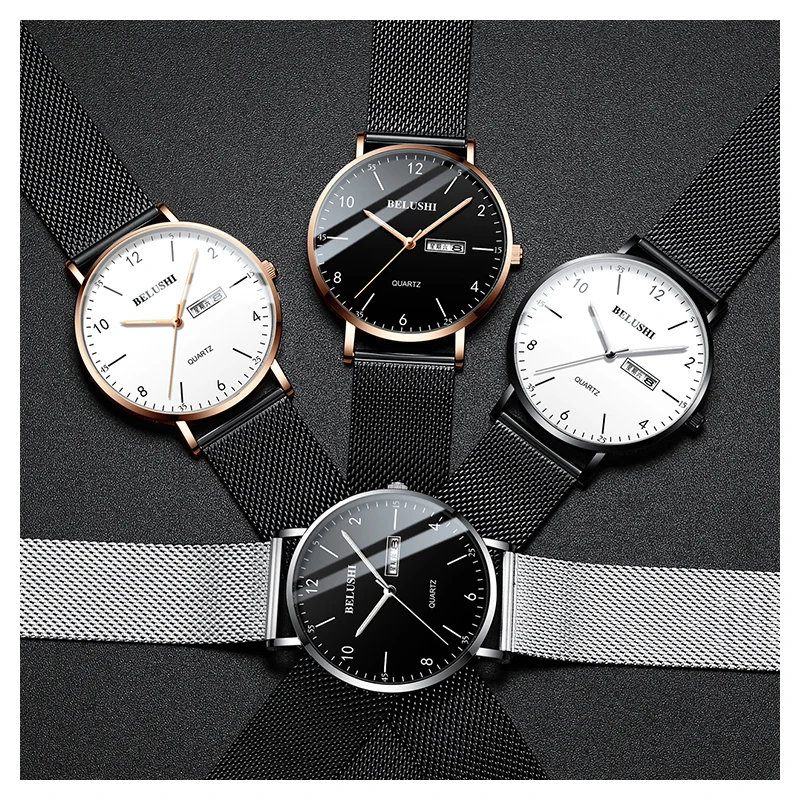 BELUSBottles-Montre à Quartz de Luxe en Maille et Acier pour Homme, Montres Décontractées, Étanche, Montre-Bracelet d'Affaires