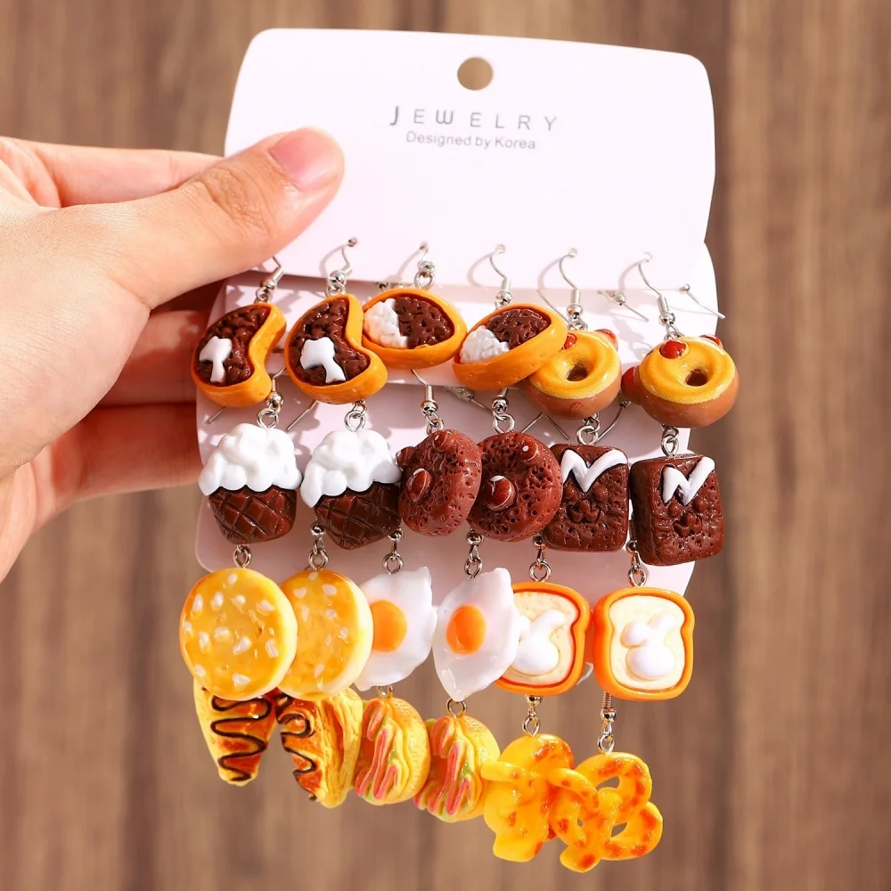 6Pcs Cute Simulation Mini Food Bread Fried Eggs Cookies Pendant Earrings Set For Women Personality Daily Birthday Accessories