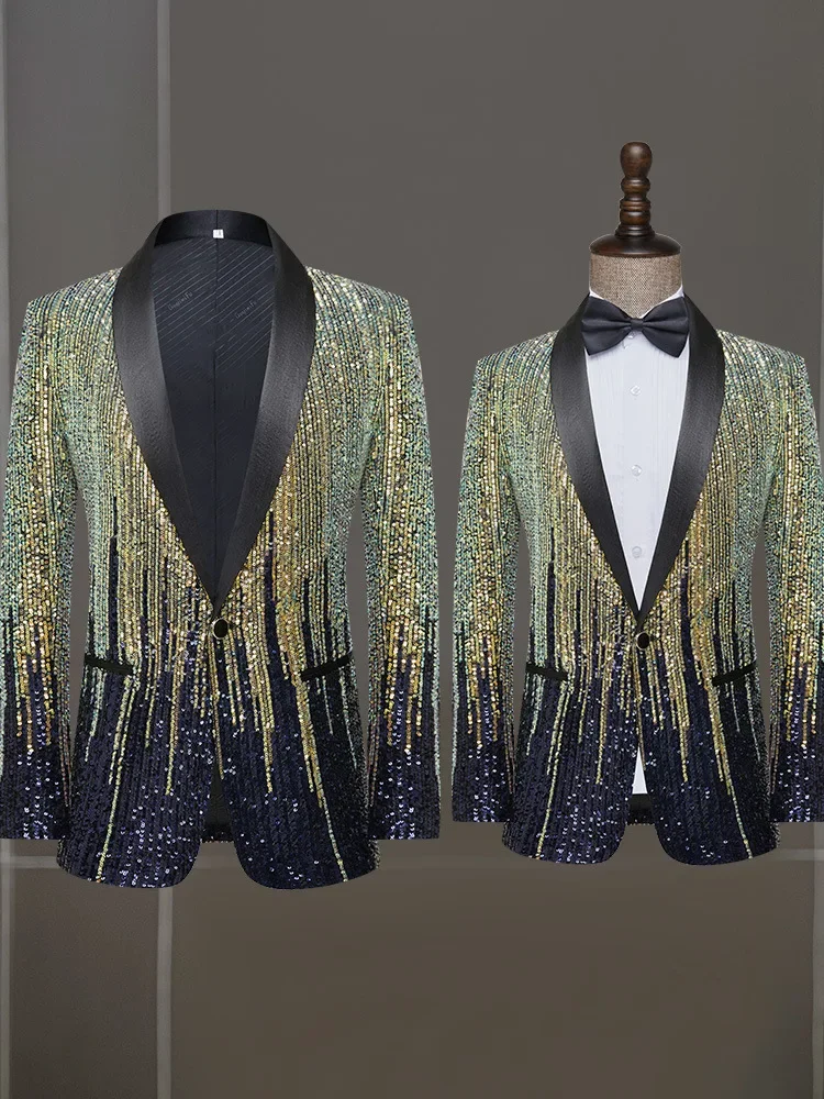 HOO 2024 Men\'s Meteor Gradient Sequin blazer Performance Singer Stage Performance Host Catwalk blazer