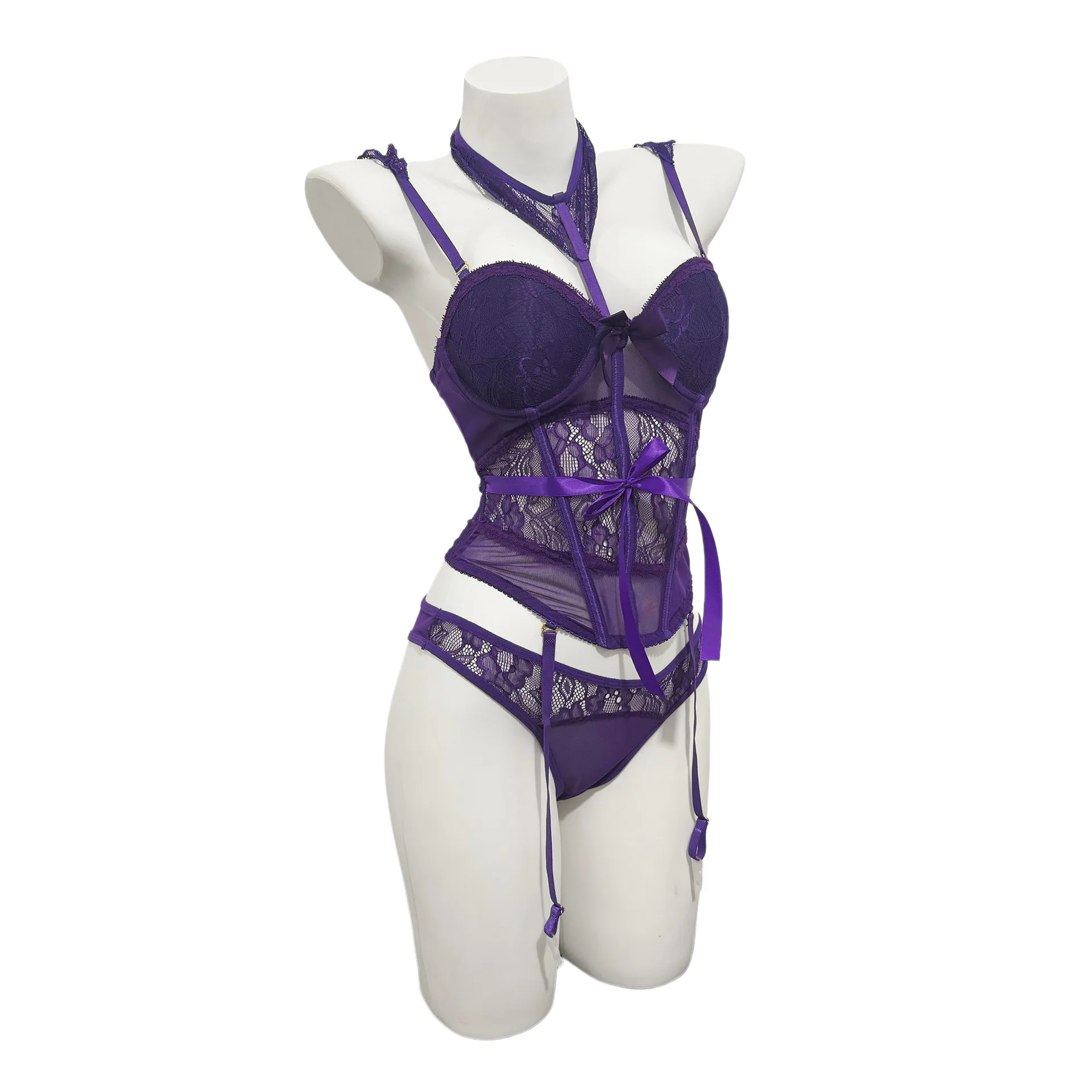Sexy French Style Bodysuits  Lace-up Design Hollow-out Small Bust Push-up Corset Uniform Solid Color Bodysuits Charming 2UFH