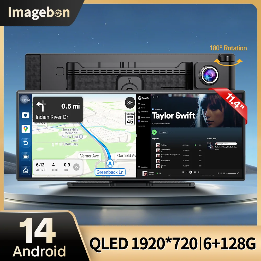 Imagebon W70 Android 14 Dash Cam with Car Dvr Holder Rear View Camera Wireless Android Auto & Carplay Screen Netflix Youtube Gps