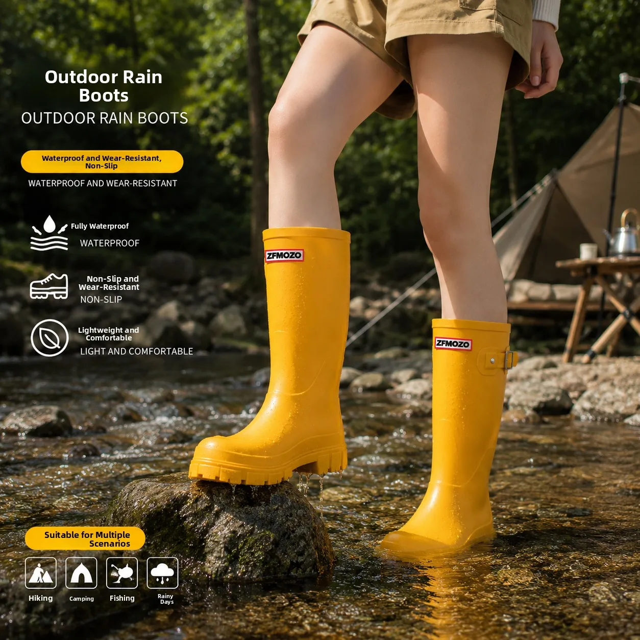 Lightweight Soft High-Tube Waterproof Anti-Slip Rain Boots Women's Outdoor Camping Yellow Shoe Comfortable Flexible PVC Boot