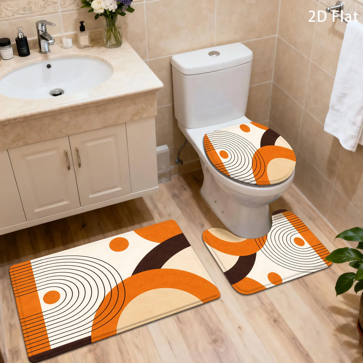 

Geometric Abstract Bath Mat Set for Modern Bathroom Decor Anti-Slip Rug Toilet Seat Mat Cushion Orange Yellow Home Accessories