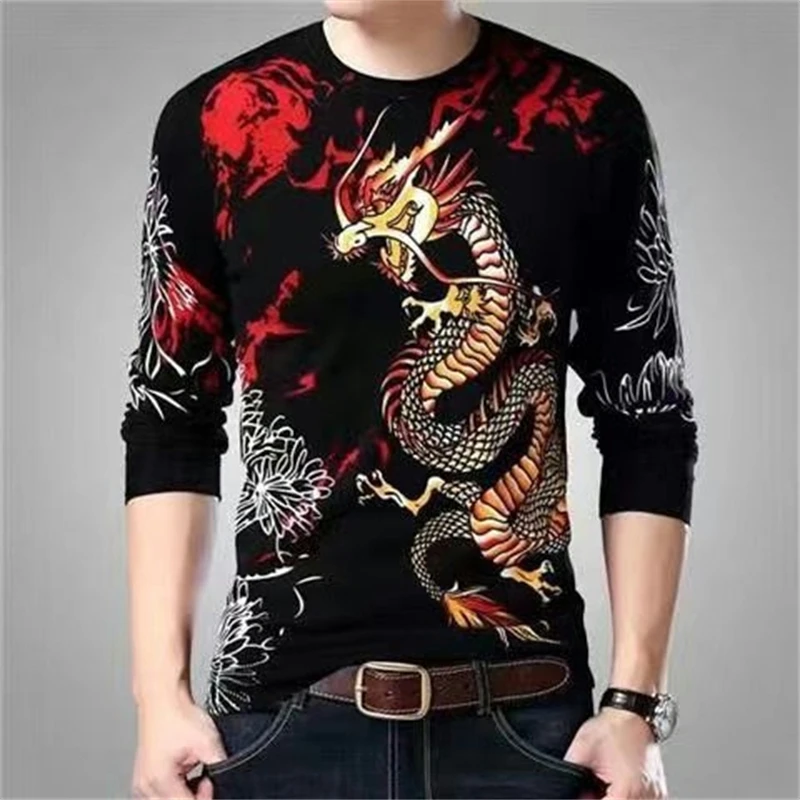 Men\'s Dragon Tiger T Shirt Casual 3D Printed Long Sleeve Magic Animal Graphic Top Tees High Street Pattern Tops Men Hip Hop Tee