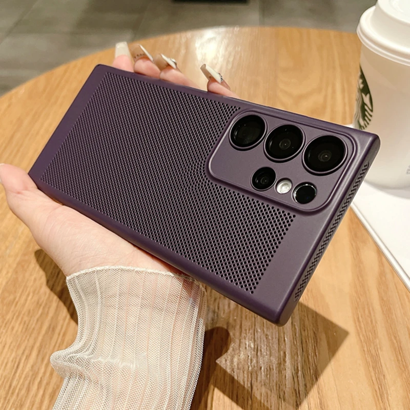 Mesh Wärmeableitung Atmungsaktive Hülle für Samsung Galaxy S23 S22 S21 Note 10 Plus 20 Ultra S20 FE A73 A53 A52 A54 Harte PC-Abdeckung